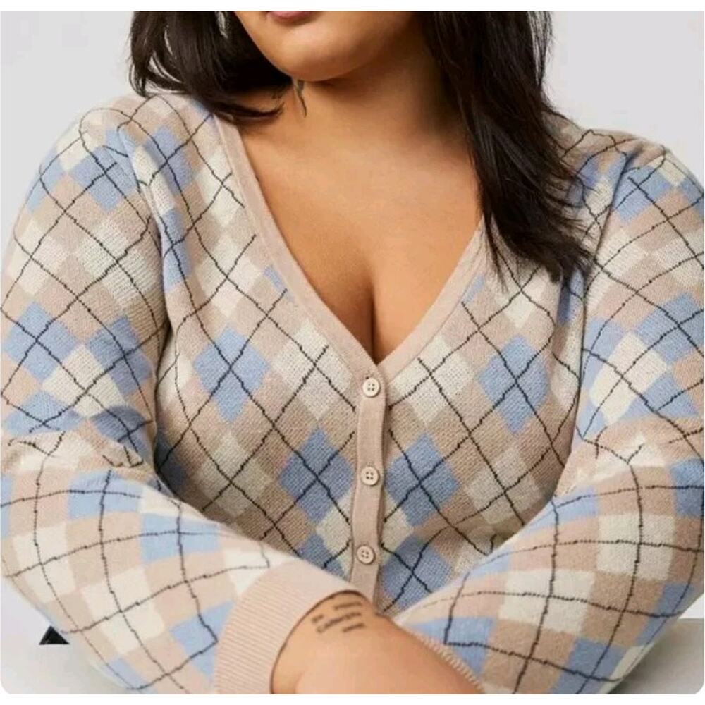 NEW Torrid Jacquard Shrug Cardigan Sweater Plus Sz 3X Sandstone Plaid Long Sleev - Picture 3 of 15